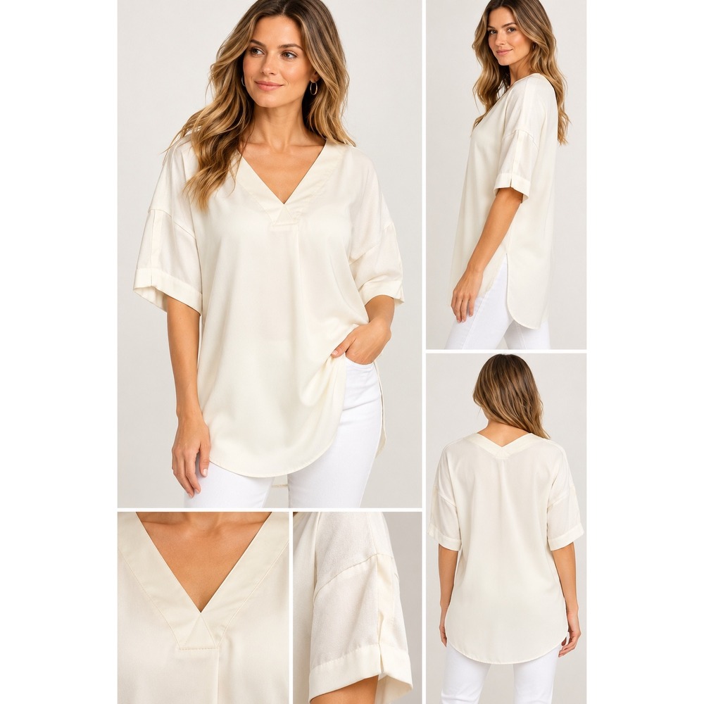 Lysse New York Ivory Mixed Media V-Neck Tunic Blouse Large